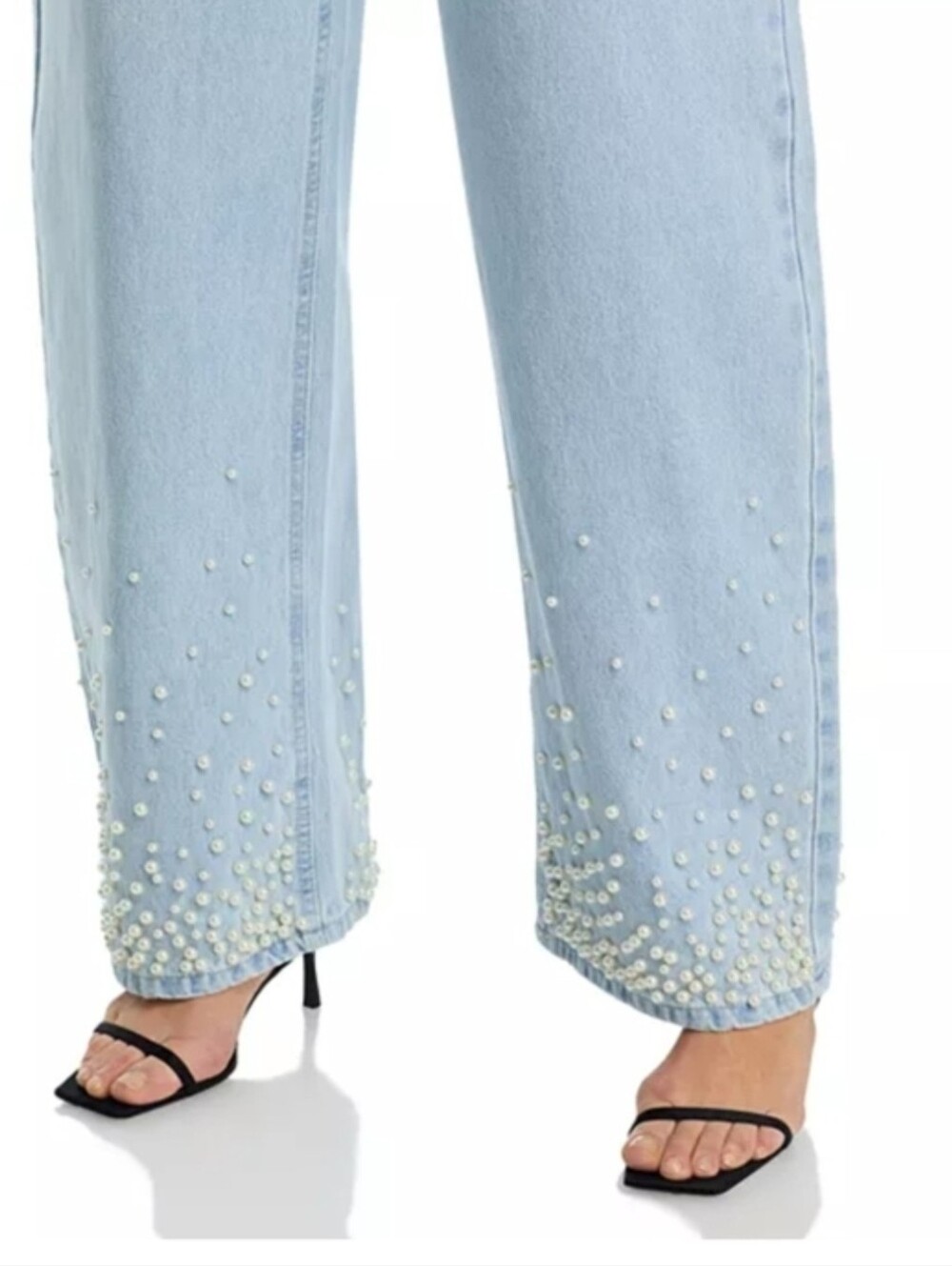NWT Aqua Light Blue Wide-Leg Jeans Pearl Embellished Hem High-Rise Jeans 26